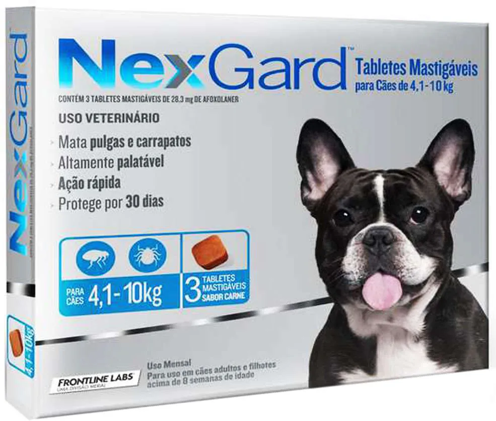 Antipulgas e Carrapatos NexGard 28,3 mg para Cães de 4,1 a 10 Kg  caixa c/ 3 comp